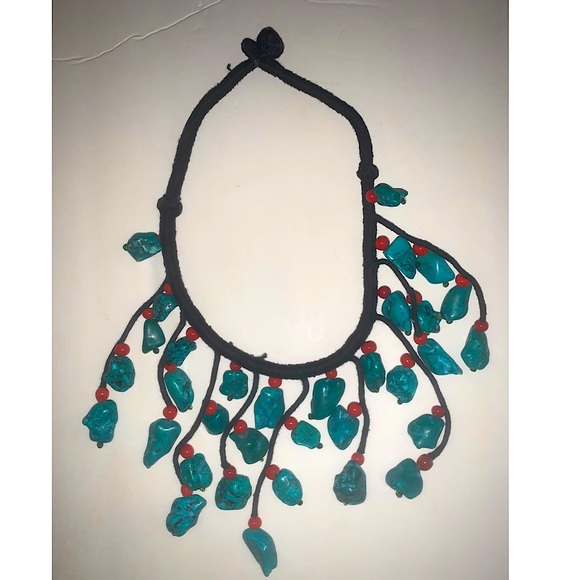 Faux Turquoise & Red Coral necklace chunky heavy approx 16” statement piece - Picture 1 of 10